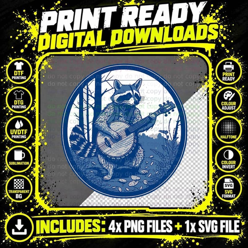 Raccoon Playing Banjo Vintage Cottagecore Funny Png SVG Digital Bundle
