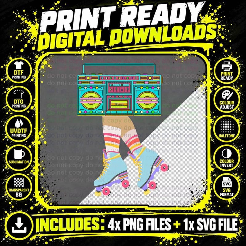 Retro Rollerskates Funny 80's 90's Roller Disco Skating Png SVG Digital Bundle