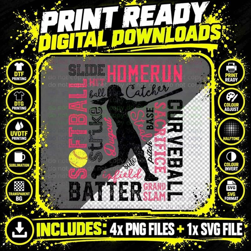 Softball Typography Word Art Funny Batter Pitcher Png SVG Digital Bundle