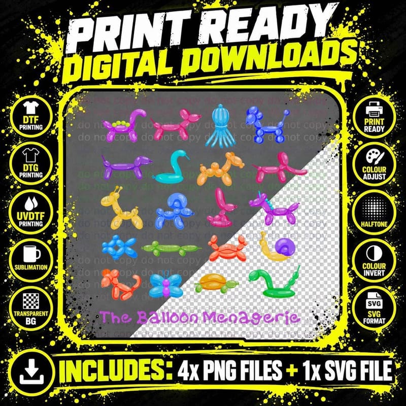 The Balloon Menagerie Colorful Balloon Animals Meme Png SVG Digital Bundle