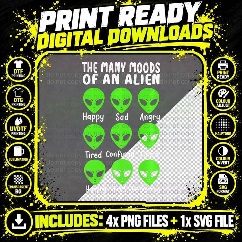 The Many Moods of an Alien Funny Extraterrestrial Life Png SVG Digital Bundle