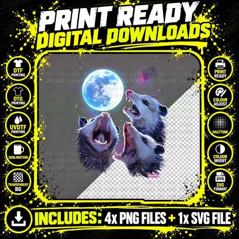 Three Opossums Howling at the Moon Funny Pet Possum Png SVG Digital Bundle