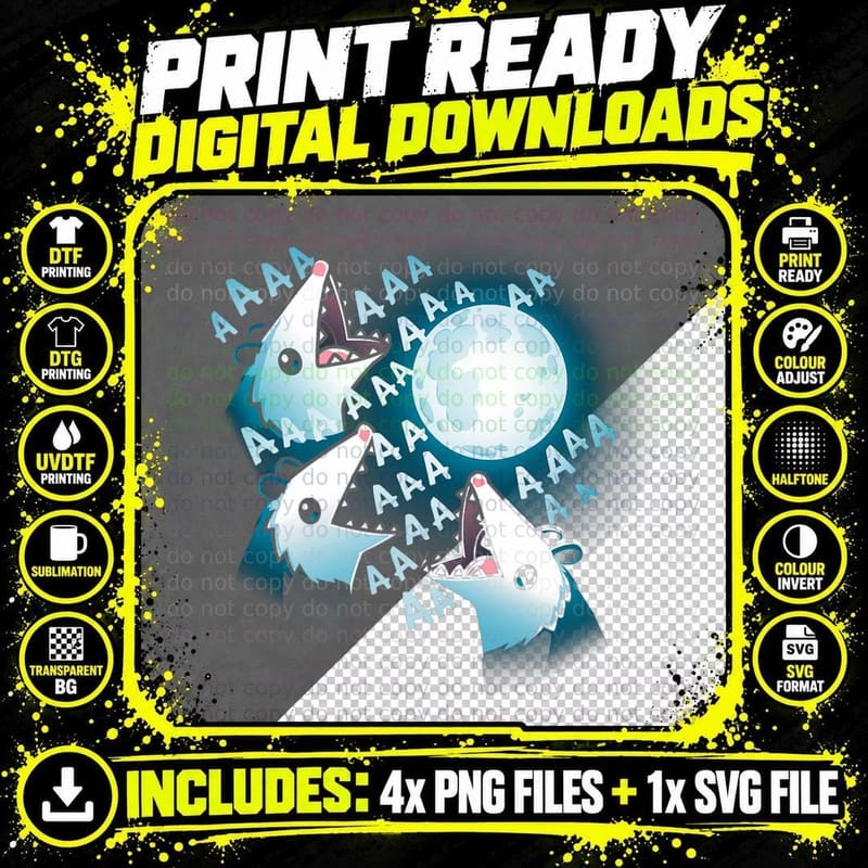 Three Opposum Moon Howl Funny 3 Possums Howling & Dead Png SVG Digital Bundle