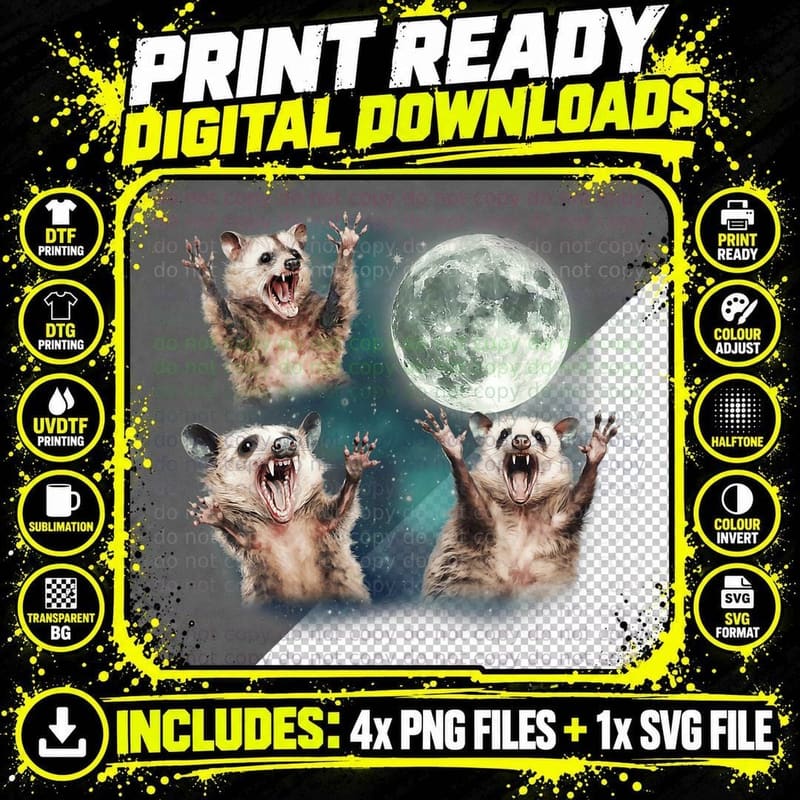 Three Possum Moon 3 Opossum and Dead Moon Weird Cursed Png SVG Digital Bundle