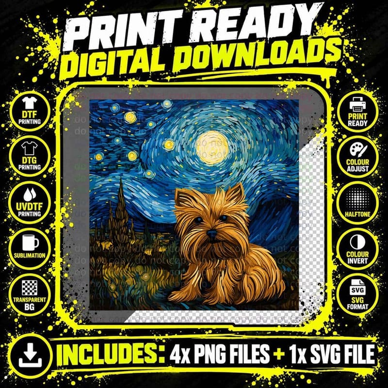 Van Gogh Starry Night Yorkshire Terrier Lover Funny Meme Png SVG Digital Bundle