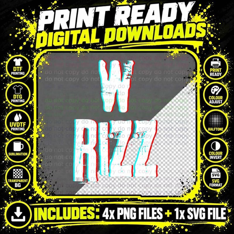 W Rizz Glitchy Trending Meme Slang, Funny Gift T-Shirt Png SVG Digital Bundle