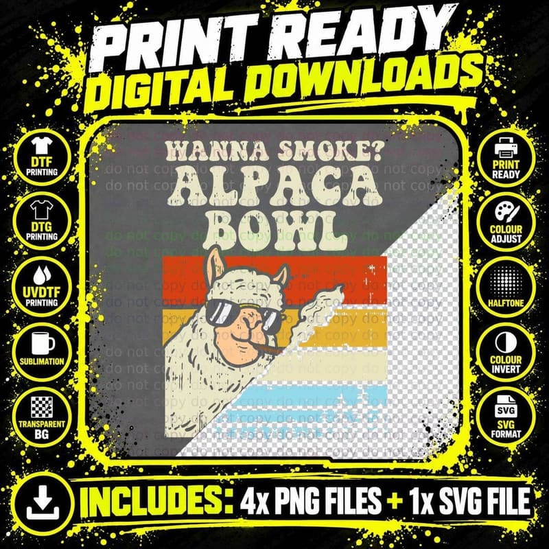Wanna Smoke Alpaca Bowl Weed Funny Cannabis 420 Stoner Png SVG Digital Bundle