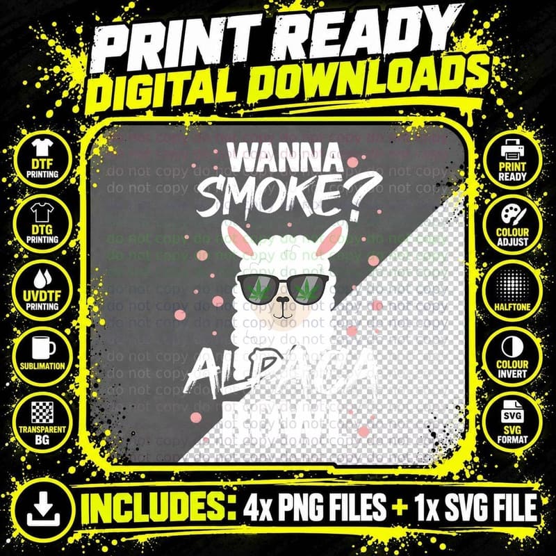 Wanna Smoke Alpaca Bowl Weed Marijuana Funny Stoned Png SVG Digital Bundle
