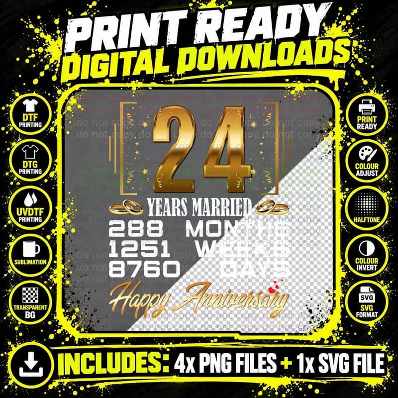 24 Years Married - Funny 24th Wedding Anniversary T-Shirt Png SVG Digital Bundle