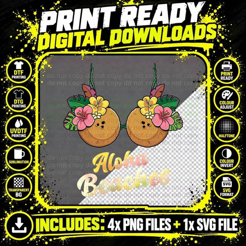 Aloha Beaches Funny Summer Coconut & Flower Bra Women Png SVG Digital Bundle