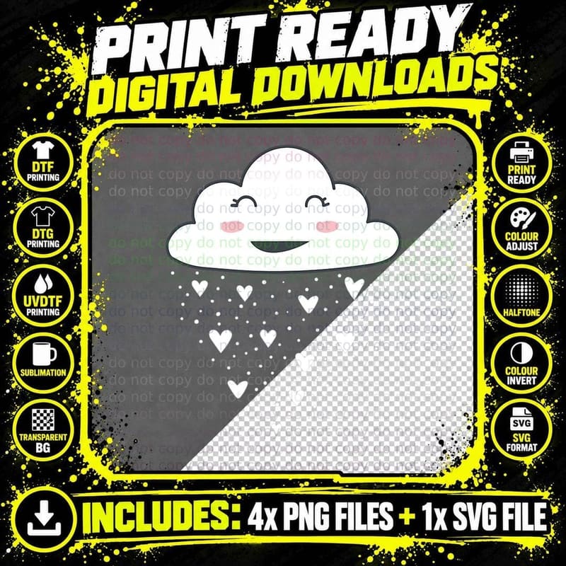 Awesome Funny White Cloud Rain Raindrop Hearts Print Png SVG Digital Bundle