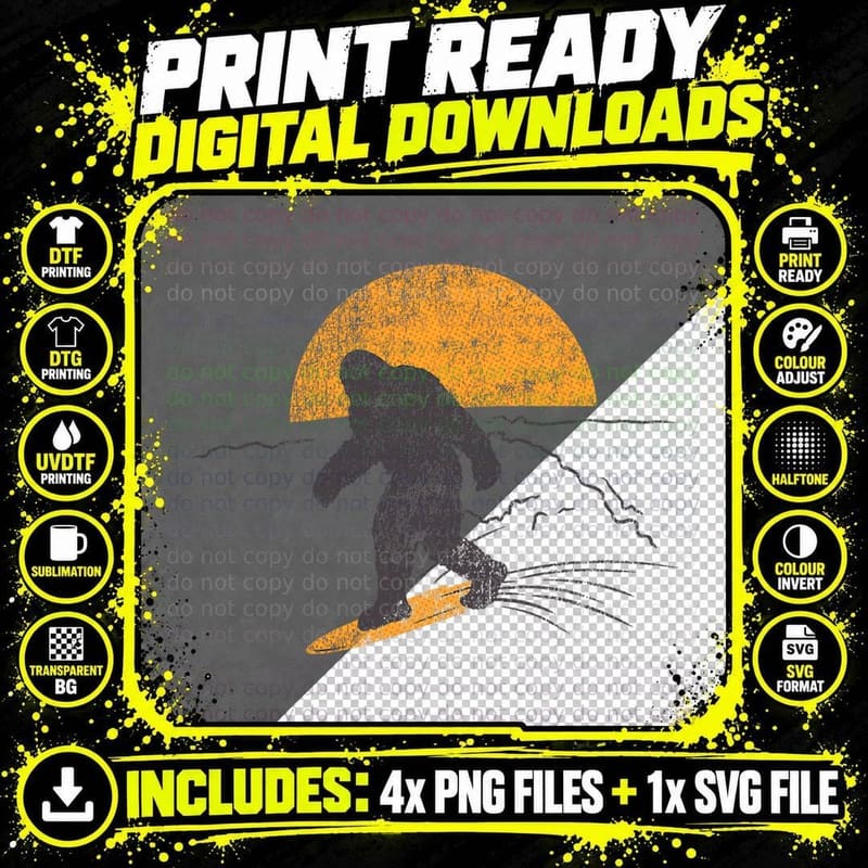 Big Foot Surfing by Moonlight - Funny Sasquatch Surfer Png SVG Digital Bundle