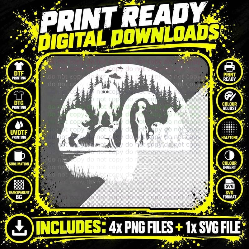 Bigfoot Loch Ness Monster Mothman and Aliens! Funny Png SVG Digital Bundle