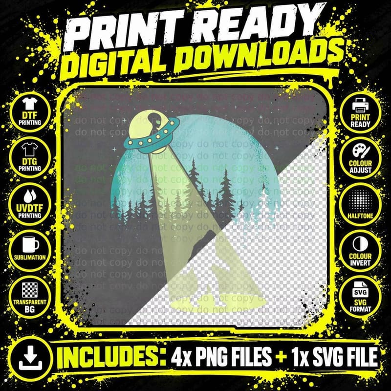 Bigfoot UFO Abduction Graphic Moon Nature Stars Funny Png SVG Digital Bundle