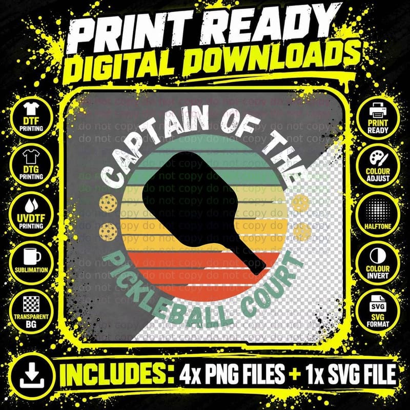 Captain of Pickleball Court Funny Player Paddle Men Png SVG Digital Bundle