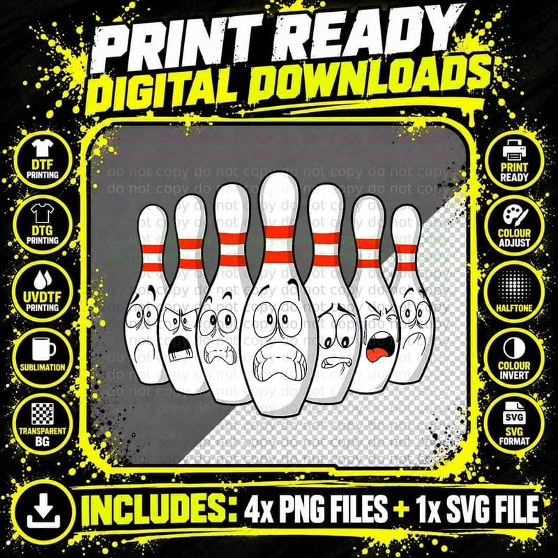 Cartoon Bowling Funny Scared Bowling Pins T-Shirt Png SVG Digital Bundle