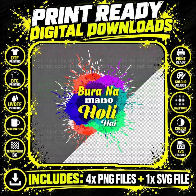 Color Splash BURA NA MANO HOLI HAI Funny Holi T-Shirt Png SVG Digital Bundle
