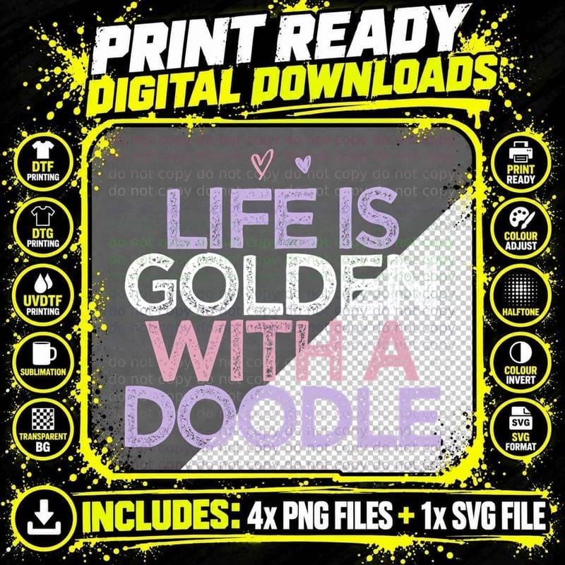 Colored Hearts Saying Funny Life Is Golden with a Doodle Png SVG Digital Bundle