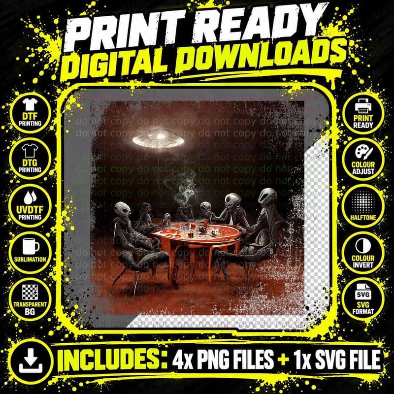 Funny Aliens Vintage Playing Poker Alien Card Game UFO Png SVG Digital Bundle