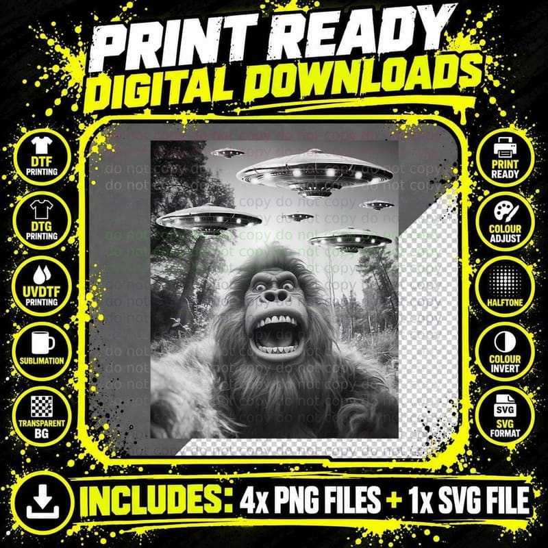 Funny Graphic Bigfoot Selfie with Alien UFO Vintage Png SVG Digital Bundle