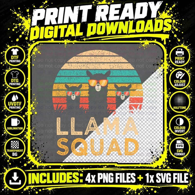 Funny Llama Squad Sunglasses Cool Llamas Vintage Gift Png SVG Digital Bundle