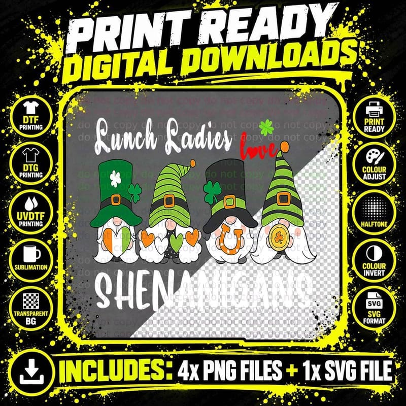 Funny Lunch Ladies Love Shenanigans Gnome St Patrick's Png SVG Digital Bundle
