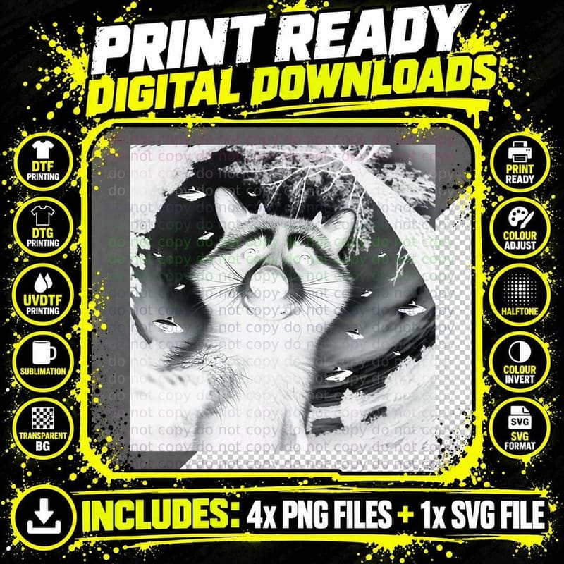 Funny Raccoon Selfie with Alien UFO Vintage Raccoons Png SVG Digital Bundle