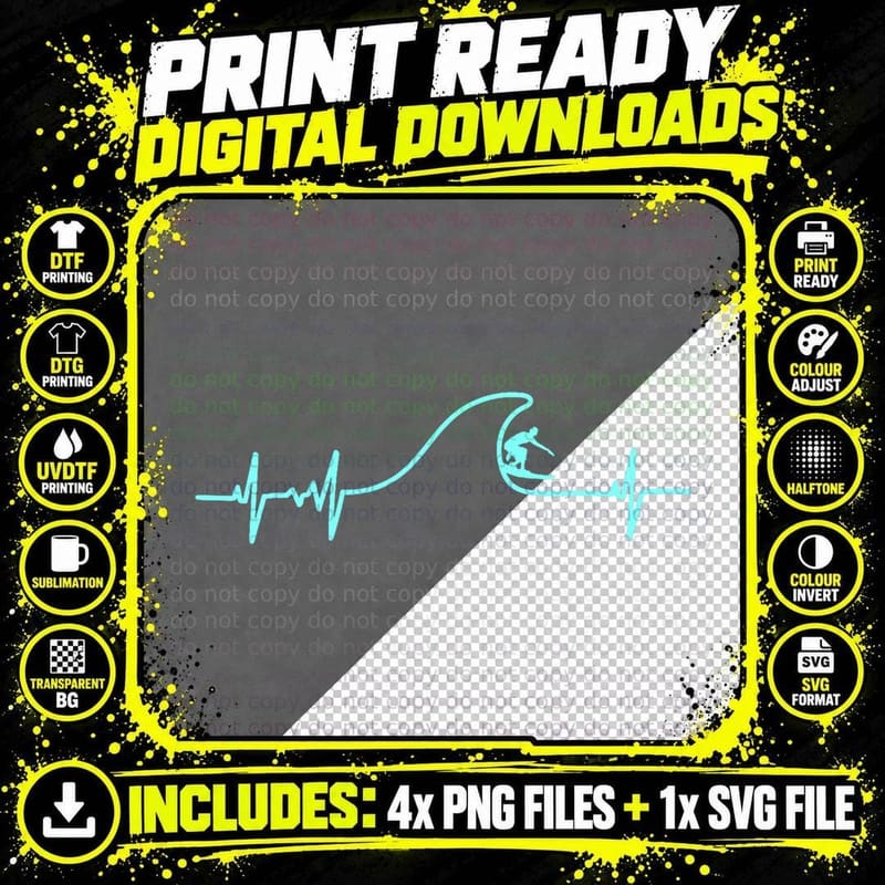 Funny Surfing Surfer Wave Heartbeat Surfboard Men Women Png SVG Digital Bundle