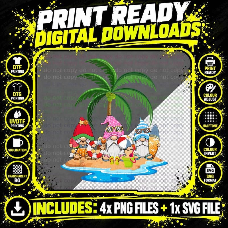 Funny Three Garden Gnomes Tropical Beach Summer Vacay Png SVG Digital Bundle