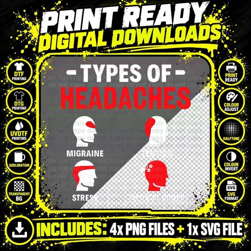 Funny Types of Headache Coding Assistant Medical Coder Png SVG Digital Bundle