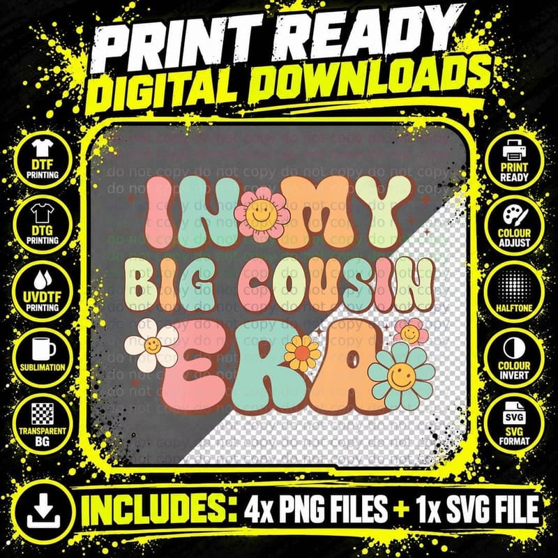 Groovy in My Big Cousin Era Big Cousin Funny Retro Gifts Png SVG Digital Bundle