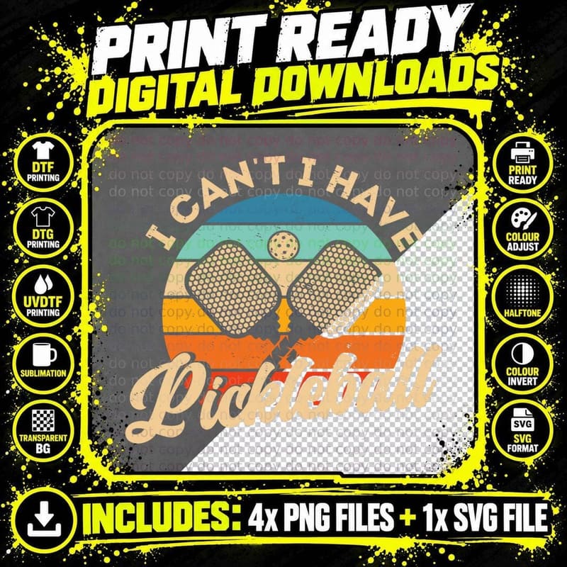 I Can't I Have Pickleball Funny Distressed Retro Vintage Png SVG Digital Bundle