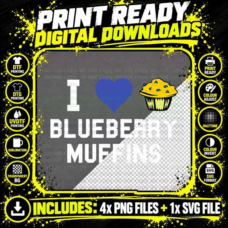 I Love Blueberry Muffins Cupcake Pie Funny T-Shirt Png SVG Digital Bundle