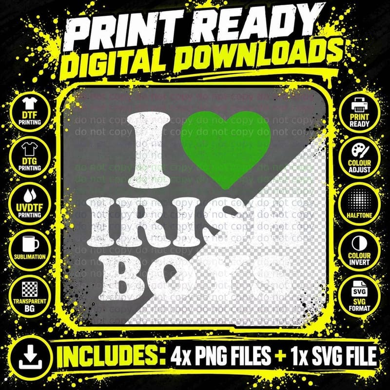 I Love Irish Boys Funny St Patrick's Day Heart Shamrock Png SVG Digital Bundle