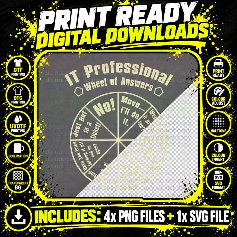 IT Professional Funny Wheel of Answers Tech Support Job Png SVG Digital Bundle
