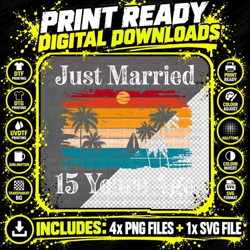 Just Married 15 Year Ago Cruise Beach Matching Couples Png SVG Digital Bundle
