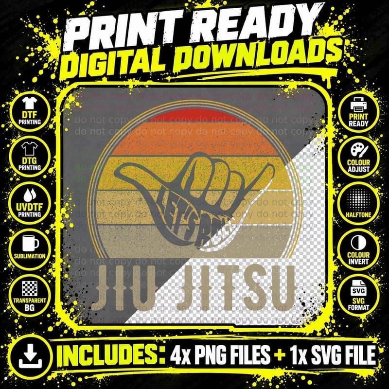 Let's Roll Jiu Jitsu Hand Vintage Sunset Funny Martial Png SVG Digital Bundle