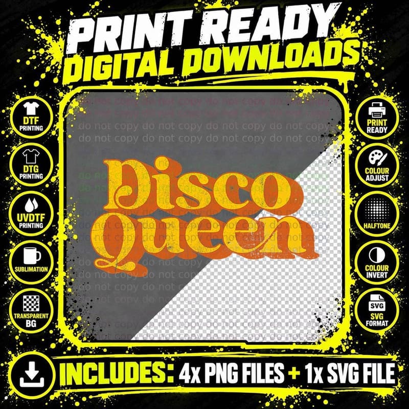 Mens Retro Disco Queen Funny Vintage 70's Party Matching Png SVG Digital Bundle