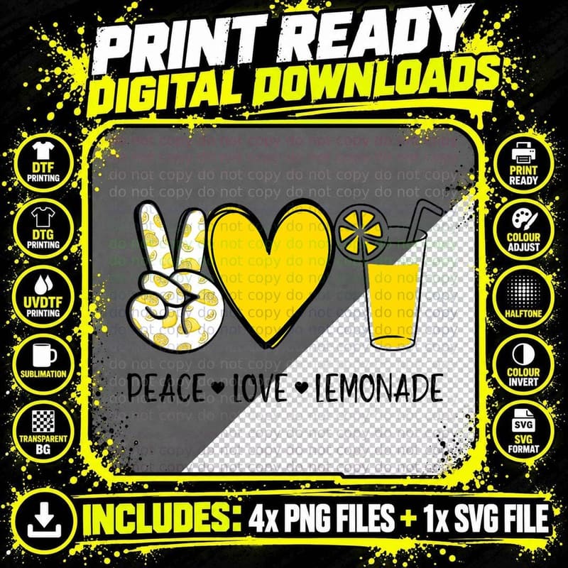 Peace Love Lemonade Funny Lemon T-Shirt Png SVG Digital Bundle