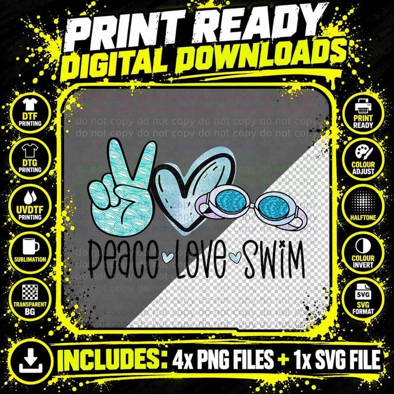 Peace Love Swim Funny Swimming Googles Swimmer T-Shirt Png SVG Digital Bundle