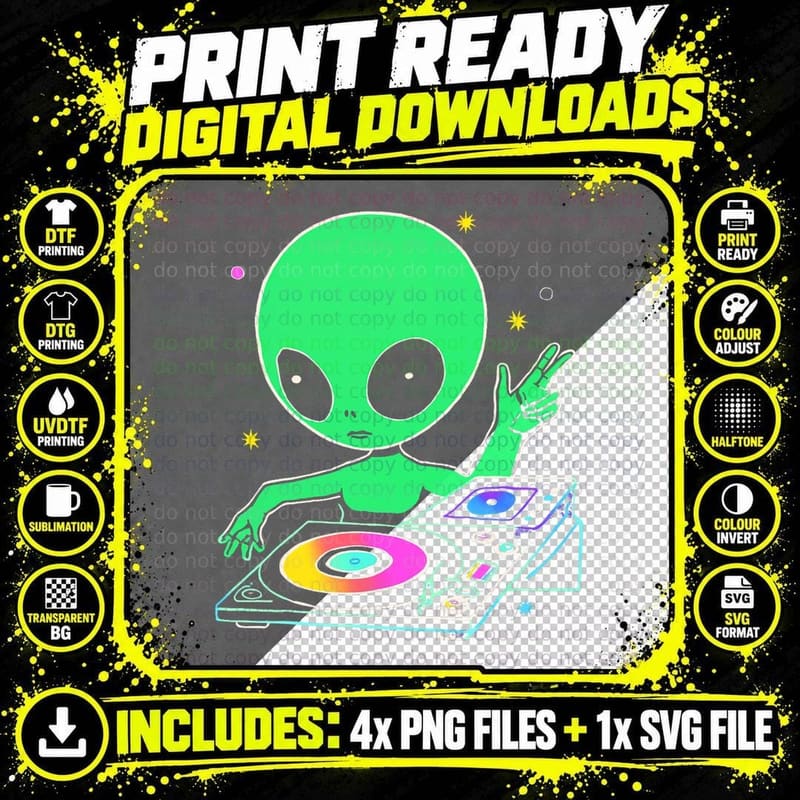 Retro DJ Deck Funny Alien DJ T-Shirt Png SVG Digital Bundle
