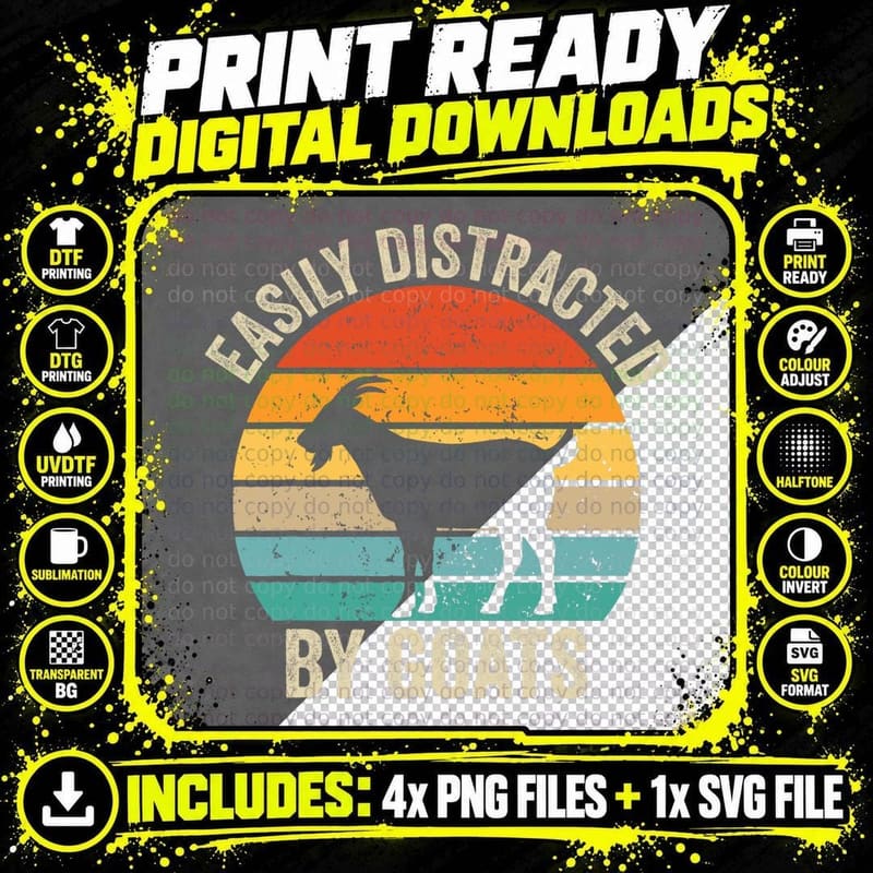 Retro Easily Distracted by Goats Vintage Funny Goat Png SVG Digital Bundle