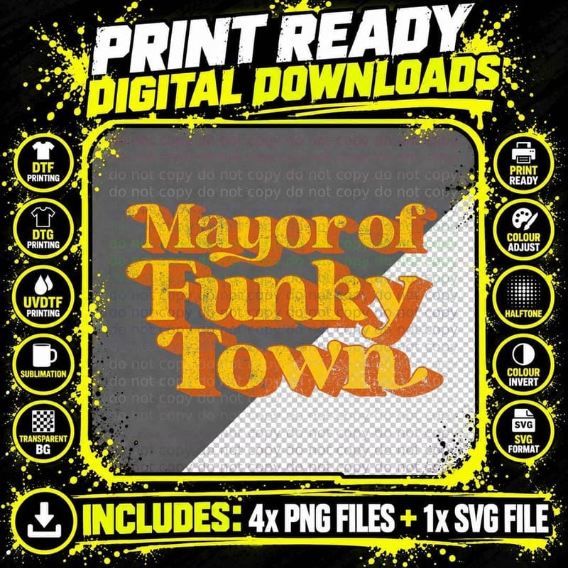 Retro Mayor of Funky Town Funny Vintage 70's Disco Party Png SVG Digital Bundle