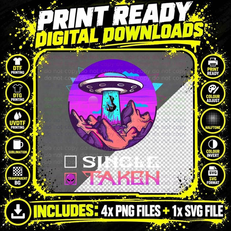 Single or Taken Funny Vaporwave Alien Valentines Day Png SVG Digital Bundle