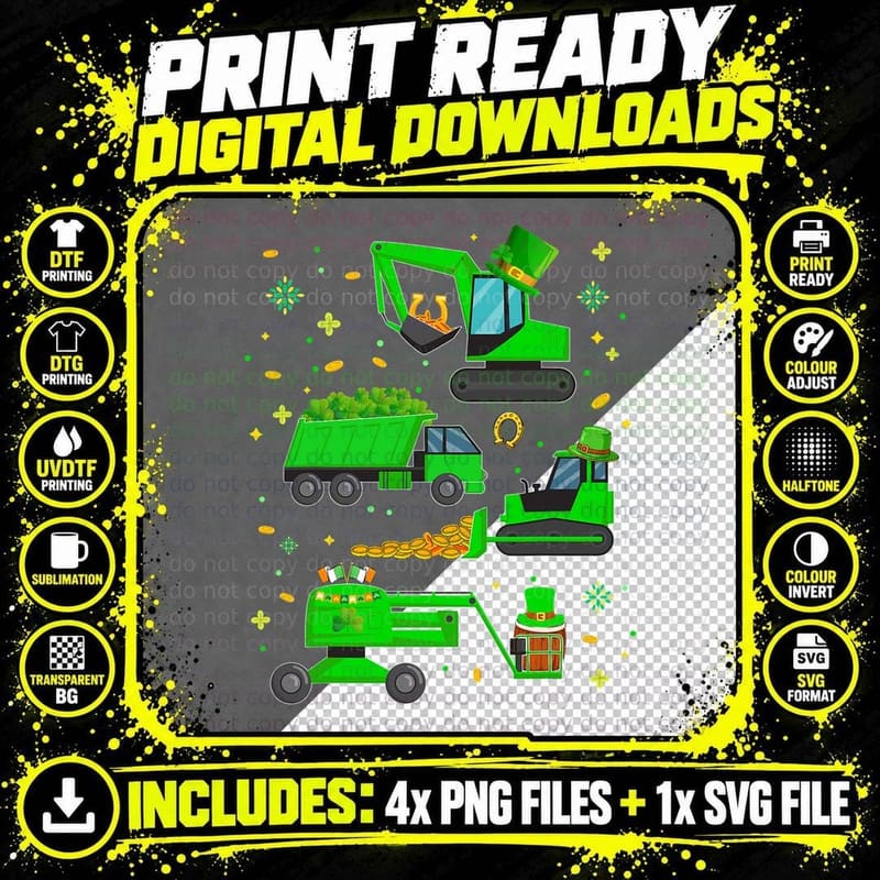 St Patricks Day Construction Trucks Funny Boys Kids Png SVG Digital Bundle