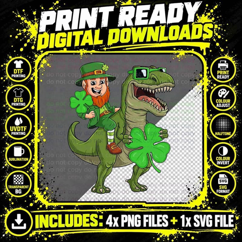 St Patricks Day Leprechaun Riding T Rex Funny Dino Boys Png SVG Digital Bundle