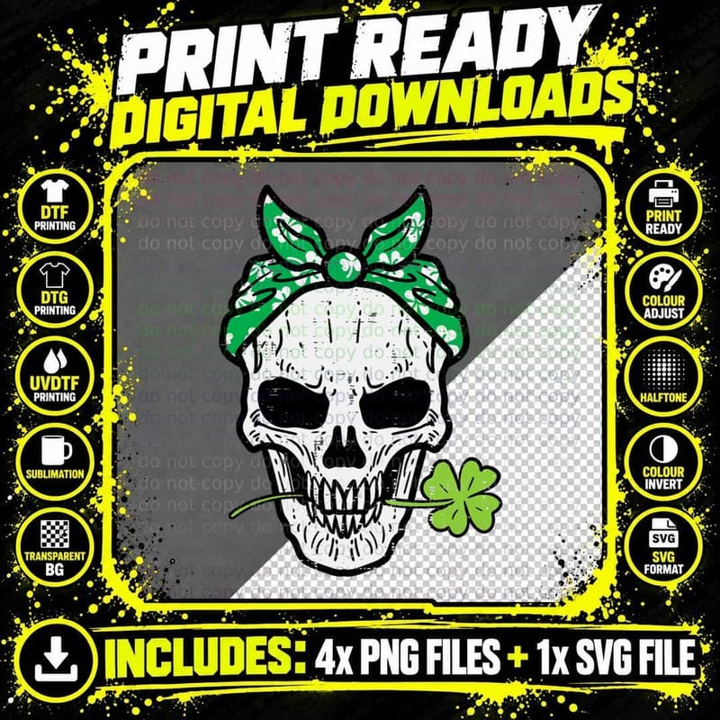 St Patricks Irish Skull Shamrock Funny Pattys Day Women Png SVG Digital Bundle