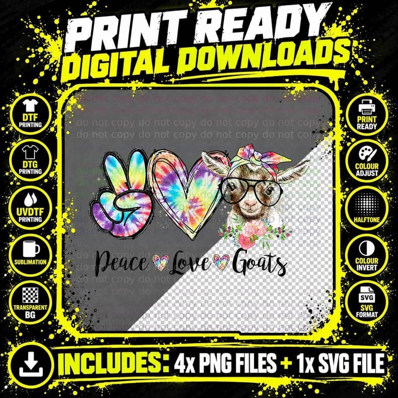 Tie Dye Peace Love Goats Farm Girl Goat Lover Funny Gift Png SVG Digital Bundle