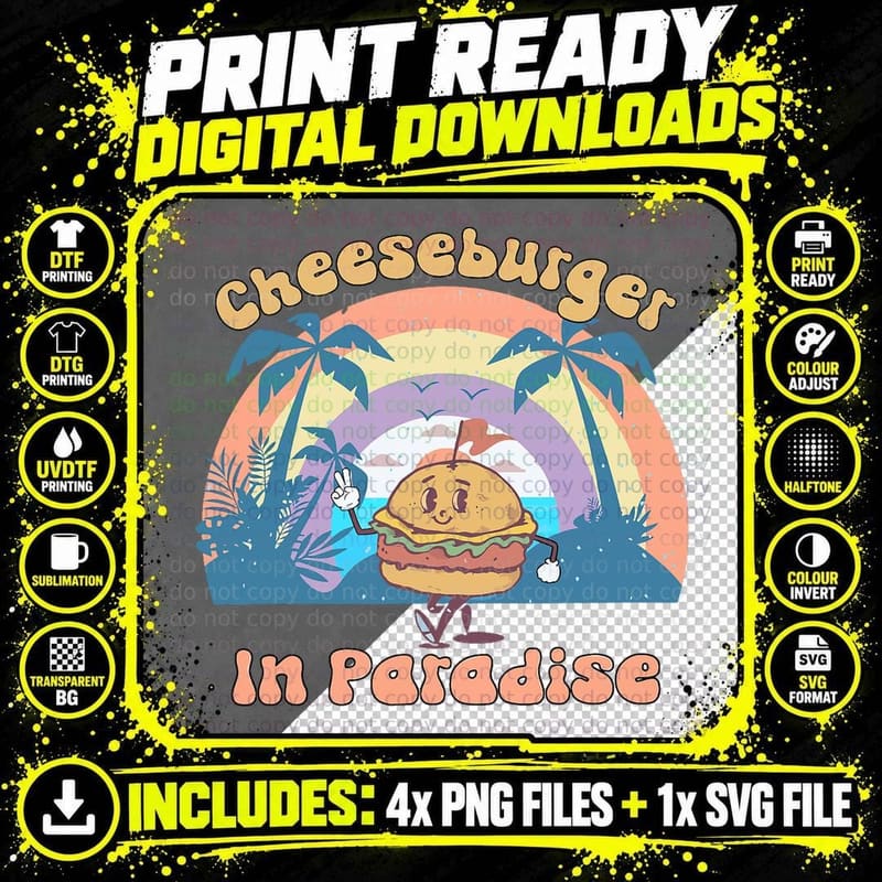 Vintage Funny Cheeseburger in Paradise Summer Vacation Png SVG Digital Bundle