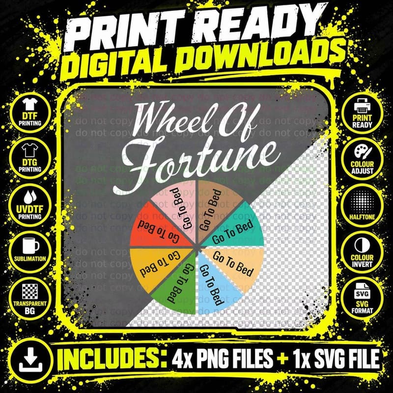 Wheel of Fortune - Go to Bed. Funny Sleep Design Gift Png SVG Digital Bundle